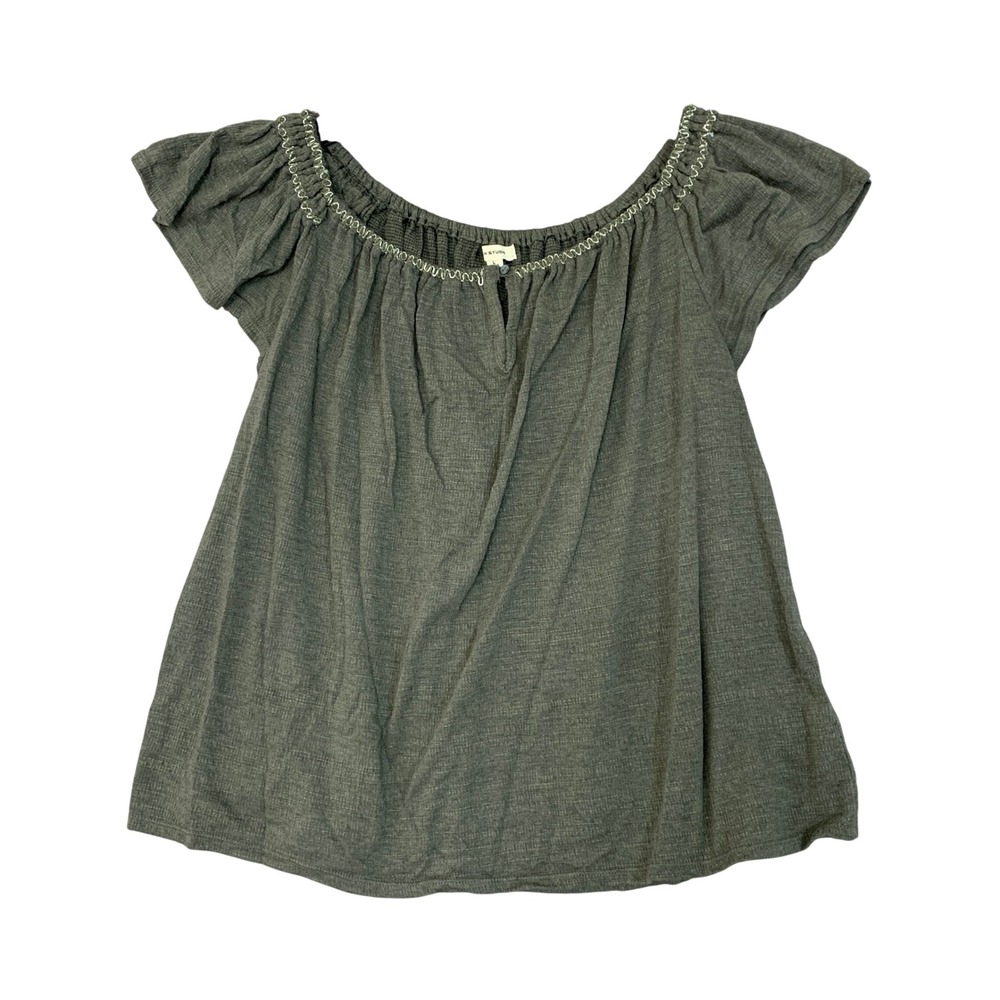 Max Studio Women's L Green Peasant Blouse Top Cotton Stretch Flutter Sleeve